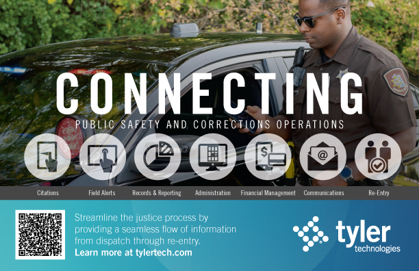 Image: Law Enforcement Officer standing by a vehicle and checking a phone. Words Connecting Public Safety and Corrections Operations. Several icons with words Citations, Field Alerts, Records and Reporting, Administration, Financial Management, Communications and Re-entry. Tyler Technologies logo next to words Streamline the justice process by providing a seamless flow of information form a dispatch through re-entry.